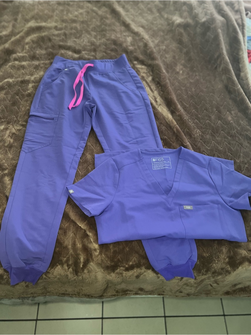 FIGS Purple Scrub Set with Pink Drawstring Joggers